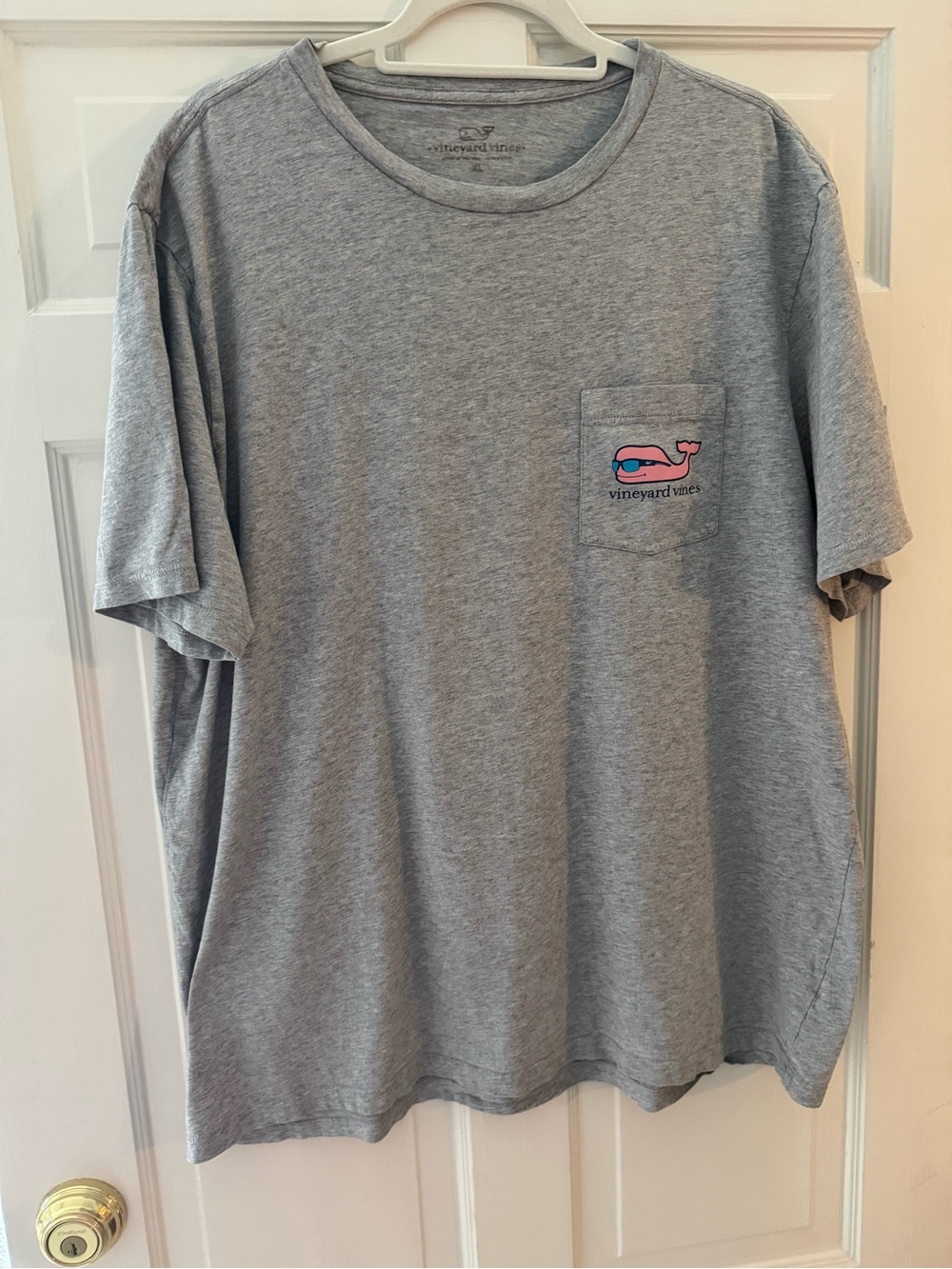 Vineyard Vines Gray Short Sleeve Tee with Pink Whale Pocket Logo